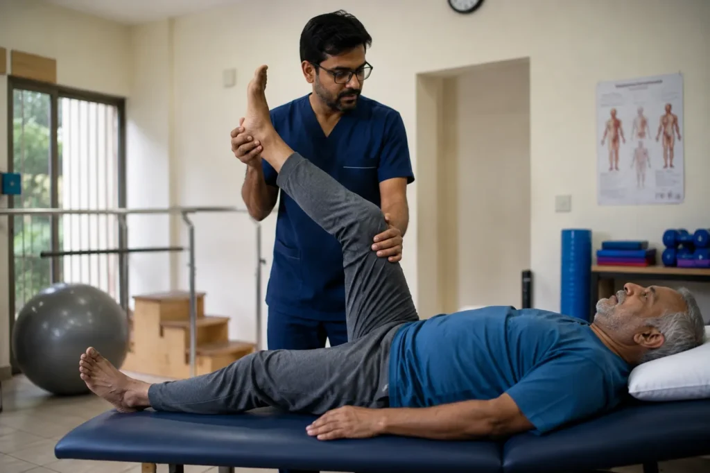 elderly patient doing a guided leg exercise with a therapist
